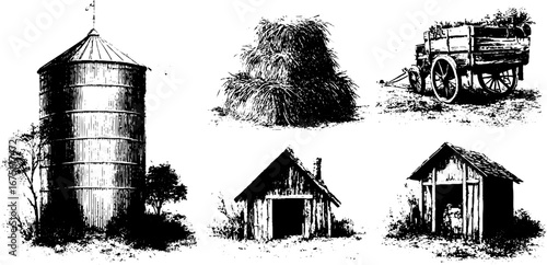 Rustic grain silo and farm structures engraving collection for vintage designs