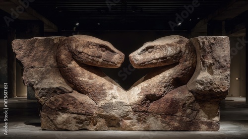 A fossilized two-headed serpent emerging dramatically from stone under museum lighting, evoking mystery.