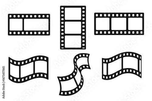 Various film strip designs in different formats and orientations, simple black cartoon vector illustration with transparent background, cinema frames, photo reels, vintage and modern filmstrip icons