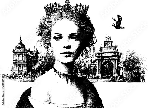 Vintage engraving of snow maiden with kokoshnik headdress and historical cityscape scene