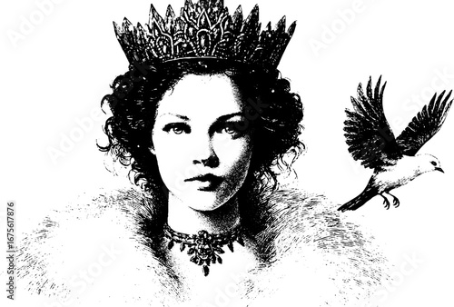 Elegant snow maiden with kokoshnik and bird - vintage winter theme for festive design