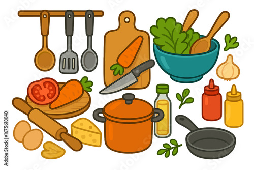 Cooking ingredients and kitchen utensils set. Meal preparation concept with fresh vegetables, pot, pan and condiments. Vector cartoon icons for recipe or culinary blog design.