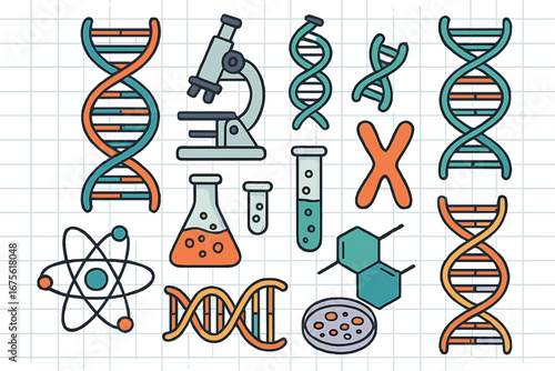 Various DNA strands and scientific symbols vector set with microscope, test tubes, and molecular structures. Cartoon style notepad background illustration for science and genetics concepts