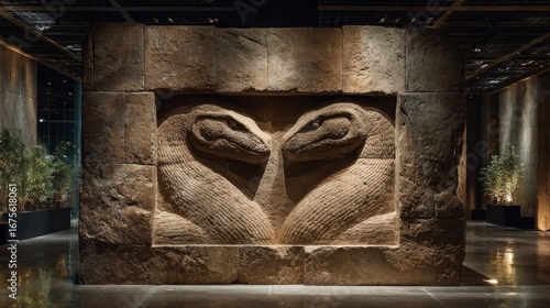 A fossilized two-headed serpent emerging dramatically from stone under museum lighting, evoking mystery.