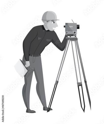 Surveyor in hard hat using a theodolite on a tripod holding plans surveying construction