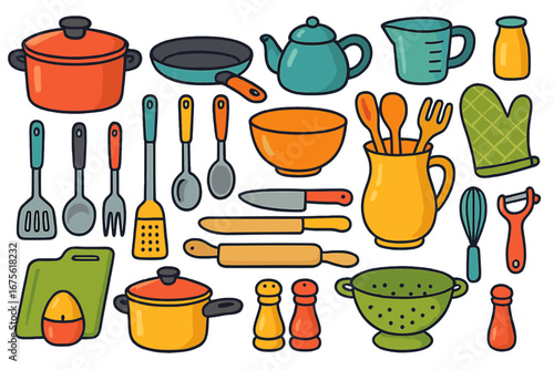 Colorful kitchen utensils and cooking tools arranged for meal preparation, home cooking essentials vector illustration, cartoon style, cookware, cutlery, bakeware