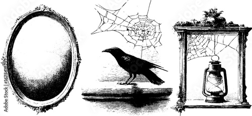 Spooky attic window with crow and lantern in vintage engraving collection for halloween decor