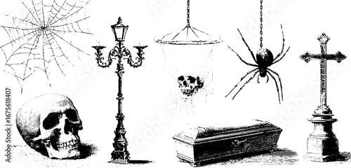 Vintage halloween decorations collection featuring spiders, skulls, and coffins for spooky designs