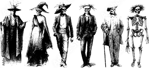 Vintage halloween witch and skeleton costume collection for spooky design and decoration