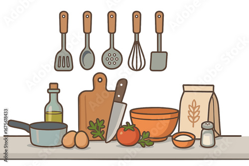 Kitchen utensils and ingredients arranged on minimalist countertop, cooking tools set with cutting board, knife, eggs, tomato, olive oil, mixing bowl, flour, and salt, vector cartoon illustration