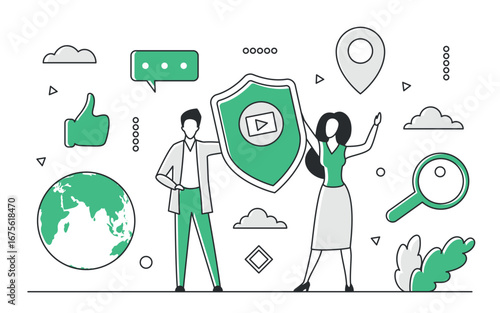 Two people holding a shield with media icons, surrounded by digital security symbols, globe, and communication elements, emphasizing online content protection isolated vector illustration