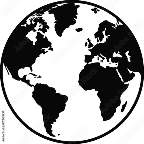 Black and white globe showing continents earth world