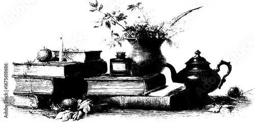 Vintage autumn study desk with books and tea pot for cozy seasonal design