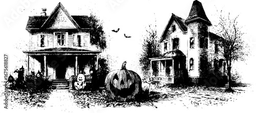 Vintage trick or treat street with pumpkin and houses for halloween design