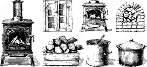 Traditional iron heating and cooking collection: vintage engravings of stoves and firewood for design