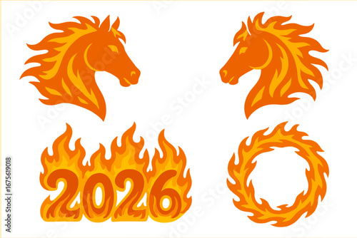 Fiery horse silhouettes with blazing manes, flaming 2026 numbers and fiery ring, symbolizing Chinese Fire Horse zodiac year, passion, energy, power, and dynamic spirit vector illustration