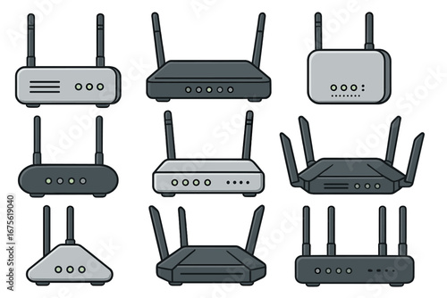 Various types of wireless routers displayed in an organized grid with diverse modern designs and features, vector cartoon illustration, transparent background, technology and networking concept