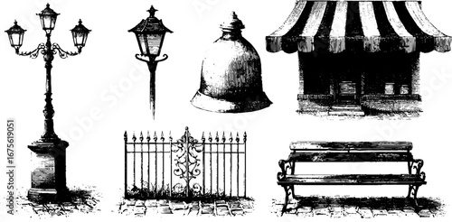 Urban street details collection: vintage engraved illustrations of lamps, fences, and benches