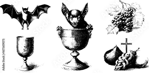 Gothic vampire symbols collection with bat, chalice, and crucifix design