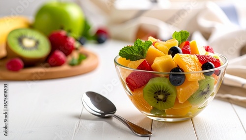 A vibrant and colorful fruit salad in a clear glass bowl on a white wooden table, garnished with fresh mint.