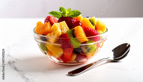 A fresh and colorful fruit salad in a clear glass bowl with a mint garnish and a spoon on a white marble table.