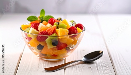 A fresh and colorful fruit salad in a clear glass bowl with a spoon on a white wooden table.