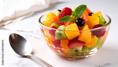 A fresh and colorful fruit salad in a clear glass bowl with a spoon on a white marble surface.