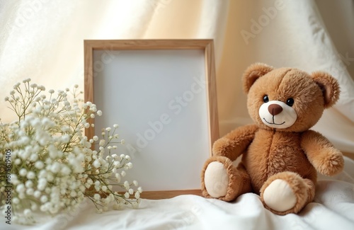Soft brown teddy bear sits next to blank wooden frame adorned with delicate white baby breath flowers. Charming still life composition features cozy, neutral aesthetic, perfect for baby shower