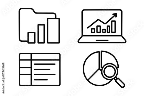 Visual representation of data organization and analysis methods, including bar charts, laptop graph analytics, data tables, and pie chart magnification in black line art style, vector illustration