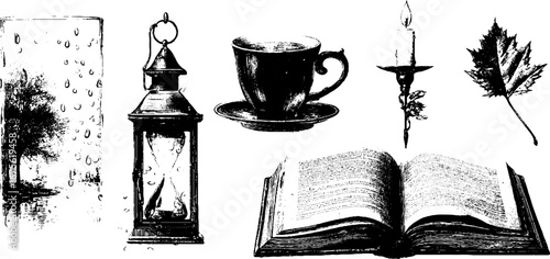 Autumn window scene with raindrops, lantern, candle, and open book for cozy design ideas
