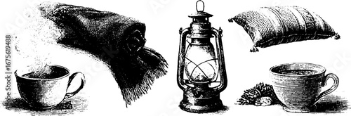 Cozy winter bedroom essentials collection: cup, lantern, blanket, pillow