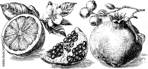 Engraving of winter fruits collection with orange slice and pomegranate for design and decoration