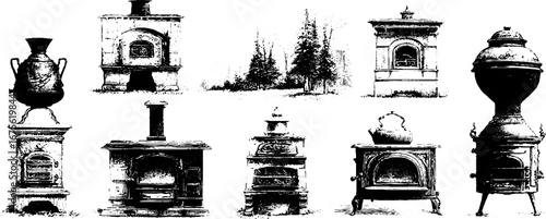 Vintage engraving of winter stoves collection featuring russian brick designs for retro decor
