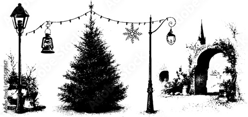 Vintage winter street decorations sketch: holiday scene with tree and lanterns for seasonal design