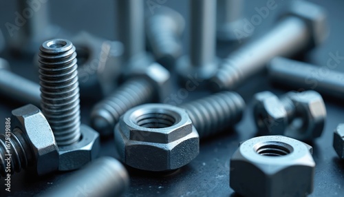 Close-up collection of metal hardware fasteners, including bolts, nuts, and screws. Assortment of threaded steel components for construction, industry, and repair projects.