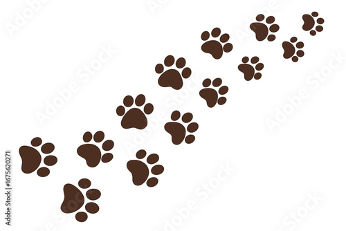 Playful brown paw prints leading across a white surface, cartoon style vector illustration, transparent background, ordered animal tracks, cute footprint pattern design