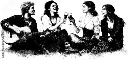 Vintage friends gathering with music and wine - engraved design elements collection