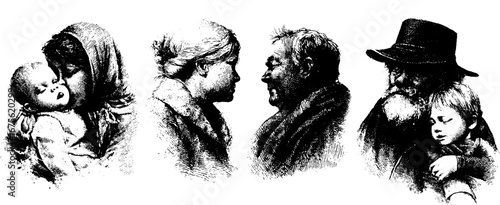Generations in vintage engraving style: family bonds and heritage for design elements