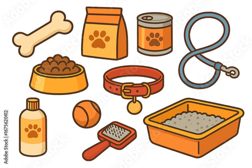 Pet accessories and supplies collection including food, toys, collar, leash, grooming brush, bone, and litter box in a simple organized vector cartoon illustration for animal care enthusiasts