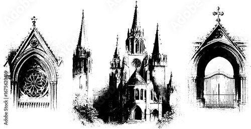 Gothic cathedral architectural elements collection – vintage engraving design for historical projects