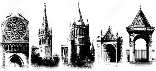Gothic cathedral architectural engravings collection for design and decoration