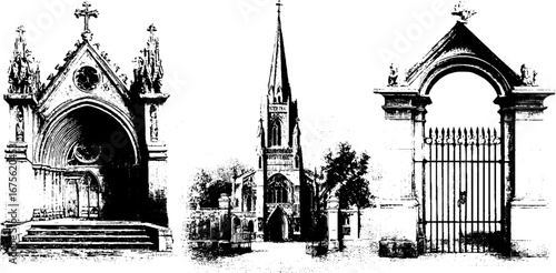 Gothic cathedral design elements collection in vintage engraving style