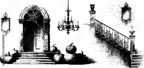 Gothic halloween hallway with pumpkins and spider webs for vintage design