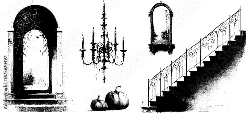 Gothic halloween hallway design element with engraved staircase and chandelier for decoration