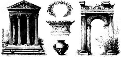 Greek temple and architectural design elements engraving collection for retro art and decoration