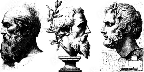 Ancient greek philosopher busts engraving design for historical art projects