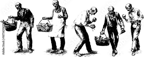 Vintage zombie characters in grocery shopping scene - retro hand drawn engraving collection for halloween design