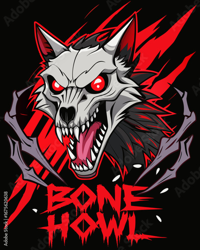 skeleton wolf with red glowing eyes cracked font
