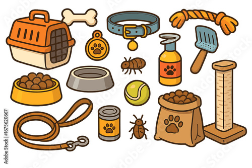 Pet accessories and supplies set for animal care enthusiasts, including carrier, collar, leash, food bowls, toys, grooming tools, scratching post, and treats, cartoon vector illustration