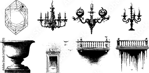 Halloween art deco interior engraving elements collection for vintage design